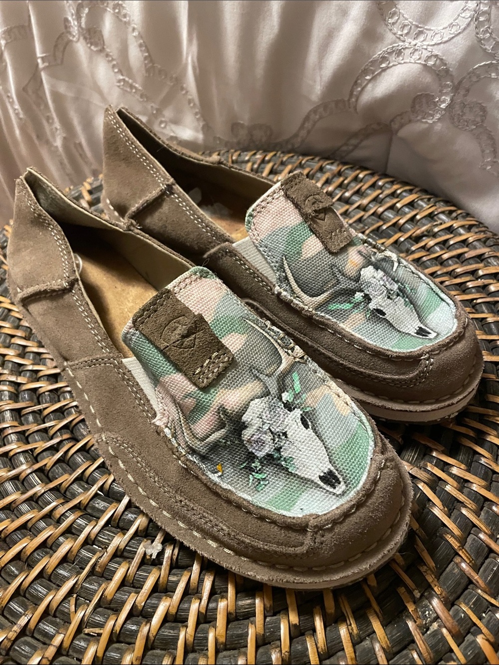 Ariat Brown Suede Loafers with Green Camouflage Accent. NWOT
